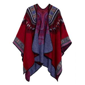 EXCHIC Femmes Chauds Ouverture Avant Châle Chaud Wraps Motif Floral Elegantes Poncho Tricot Cape Manteau (Rouge-92) (EEVASS, neuf)