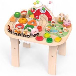 Table d’activités pour bébé de 1 an, Table sensorielle en Bois avec Labyrinthe de Perles, Formes à Trier et Circuit de Train, Jouet Montessori Ferme, Jouet éducatif pour Enfants de 12 Mois (Naturel) (Yilinec, neuf)