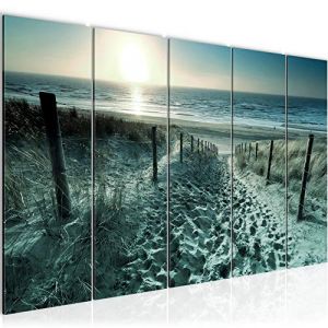 Runa Art Tableau mural XXL Plage Le Coucher Du Soleil 200 x 80 cm Turquoise Gris 5 Parties - 018455c (Runa Art GmbH, neuf)