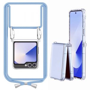 Coque Compatible avec Samsung Galaxy Z Flip 6 / Flip 7 FE Cordon, Transparente &Eacute;tui Crochet Lat&eacute;ral Collier Lanyard Anti Jaune TPU Housse, Bleu (SONGMENGOCN, neuf)