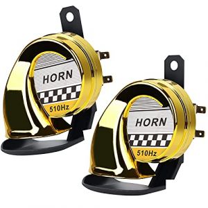 2 Pi&egrave;ces Klaxon Camion 12V Puissant Train 300DB, Klaxon Puissant Velo de Moto de Voiture Imperm&eacute;able, Corne de Brume Klaxon Escargot &agrave; Air, klaxon Musicaux Corne D'escargot (Or) (hongenerlu, neuf)