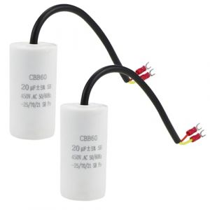 Lot de 2 Condensateurs CBB60 20 µF 450 V 50/60 Hz - Avec câble de Raccordement de 20 cm et Cosses de Câble - Condensateur de Démarrage 20 µF - 74 x 38 mm (Hopesing, neuf)