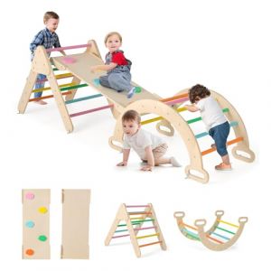 GOPLUS 7 en 1 Triangle Arche Montessori, Arche d'escalade Enfants avec Toboggan Bois,Rampe, Échelle Réglable, Charge 50KG, pour Tout-Petits Bébé 1 Ans+(Multicolore) (Augenstern24, neuf)