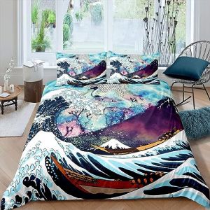 Housse de Couette Vague de Style Japonais,Ensemble de literie Crane Ukiyoe Housse Couette 220x240 Taille pour Enfants garçons Aquarelle Douce en Microfibre Couvre-lit Chambre décor à la Maison (Suzhou yiyanyun e-commerce Co., Ltd, neuf)