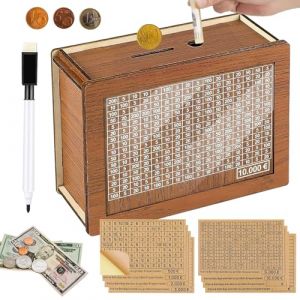 Tirelire en Bois avec Marqueur avec Feuille Acrylique et 8 Autocollants Tirelire avec Compteur Objectif D'&eacute;pargne et Chiffres &agrave;Cocher pour Aider Les Enfants &agrave; Commencer &agrave; Economiser (10000&euro;) (AAfang, neuf)