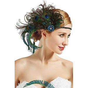 ArtiDeco Bandeau pour femme style ann&eacute;es 1920 avec plumes de paon inspir&eacute; des ann&eacute;es 1920 - - Taille Unique (Paon) (Lixuanshengang, neuf)