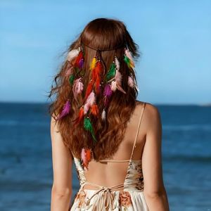 Sucrain Serre-t&ecirc;te boh&egrave;me &agrave; plumes arc-en-ciel - Accessoire pour cheveux hippie - Coiffe indienne pour femme (sswwww, neuf)