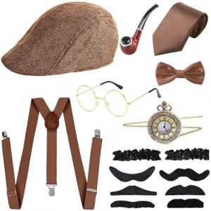 Aikooyc Accessoires Homme Gatsby Tenue des Ann&eacute;es 20 1920s Accessoires Carnaval Costume Homme Ann&eacute;e 20 avec Chapeau Barbes Cravate Bretelles Noeud Montre de Poche Lunettes (anloo, neuf)