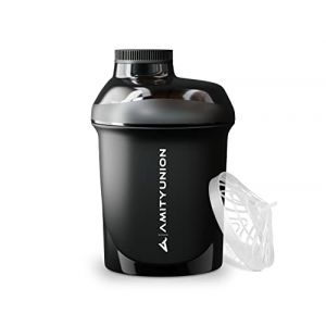 AMITYUNION Protein Shaker 400 ml avec tamis - ORIGINAL Fitness Mixer - Sans BPA, Avec échelle pour shakes crémeux de protéines de lactosérum en poudre, Concentrés de protéines BCAA en noir de luxe (snowcommerce GmbH, neuf)