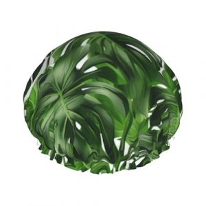 Monstera Deliciosa Bonnet de douche pour femme avec imprimé palmier bananier double couche imperméable réutilisable élastique protection des cheveux spa salon bain douche (quanweixiaodian, neuf)
