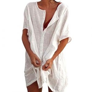 Kimono Robe De Plage Femme Mi Longue Grande Taille Chemise Kaftan Blouse Col Rond Transparent Trapeze Sortie Tunique Sexy Coton Lin Chemisier Blanc XL (ChaoWenMao, neuf)