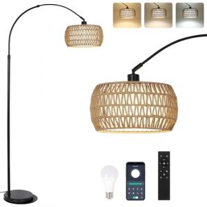Rayofly lampe à arc salon lampadaire, lampadaire vintage avec abat-jour en rotin, lampadaire boho avec télécommande et ampoule LED, contrôle par application, lampadaire à intensité variable (Rayofly-EU, neuf)
