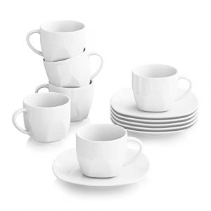 MALACASA, Série Elisa, 6 Pcs Tasse à Café avec Soucoupe en Porcelaine Ivoire Blanche, Tasse Classique avec Couverture 6 * Tasse [10.5 * 8 * 6.7 cm] + Soucoupe [ 14.5 * 14.5 * 1.8 cm], Service à Café (MALACASA Modern Tableware, neuf)