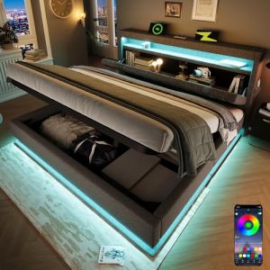 Lit 140x200 avec Sommier LED et USB C, Lit Coffre 140x200 avec coffre hydraulique et tête de lit coffre, Lit Double avec à Lattes Lit 2 Personnes, Lit Rembourré Cadre de lit en Lin Gris(Sans Matelas) (OOIILLEE, neuf)