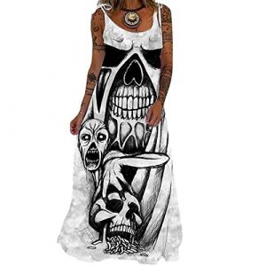 EGSDMNVSQ Robes D'été surdimensionnées pour Femmes Robe d'été imprimé tête de Mort Florale Maxi Robe sans Manches T-Shirt Robe Longue Robe de Bal Robe de soirée (MORISEEU, neuf)
