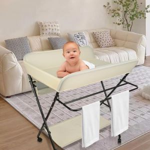 Supfine Table &agrave; Langer Pliable et Portable, Table a Langer Pliante Chambre B&eacute;b&eacute; R&eacute;glable en Hauteur, 4 Roues avec Freins, Meuble &agrave; Langer pour De la naissance &agrave; 12 Mois (Beige) (hlang EU, neuf)