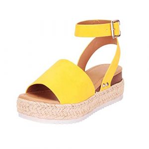 biJerou Sandales pour fille avec talon - Sandales plates élégantes - Sandales de mariage - Sandales romaines à l'avant - Sandales d'été plates avec talon beige - Hauteur genou, jaune, 36 EU (Mouesge, neuf)
