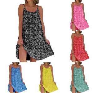 Nlaayong Robe de Plage Femme Robe Fleurie Bohème Bretelles Spaghetti sans Manche Casual Ete Femme Mi-Longue Robe Col Rond Chic(Multicolore,S-5XL) (NIyong, neuf)