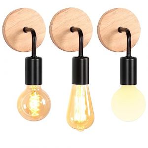 iDEGU Lot de 3 Applique Murale Interieur Industrielle LED Lampe Murale Vintage en Bois Métal E27 Luminaire Applique Rétro pour Salon Chambre à Coucher Couloir Salle de Bain (Type A, Noir, 3 Pack) (IDEGU, neuf)