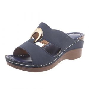 Chaussons compensés en cuir pour femme - Mules vintage - Chaussures d'été orthopédiques - Chaussures de loisirs avec talon avec semelle intérieure - Chaussures de plage - Sandales à bout ouvert, bleu (Vejtmcc, neuf)