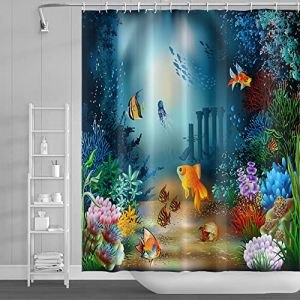 SDOTPMT 180x243cm Mignonne Tropical Poisson Rideau de Douche Vert Algue Color&eacute; Corail Rideau de Bain Maine Cr&eacute;ature sous-Marin Paysage Rideau de Baignoire pour Salle Bains Polyester avec Crochets (SDOTPMT, neuf)