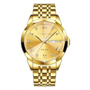 PINDOWS Montres pour Homme - Diamant - Robe d'affaires - Quartz analogique - Acier Inoxydable - Étanche - Date Lumineuse - Bicolore - Luxe - Décontracté, Bracelet argenté avec Cadran Noir (pindows, neuf)