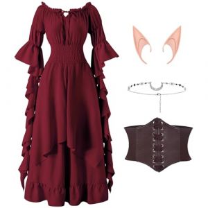 LumenVela Robe Medievale Femme, Robe Renaissance Femme avec Corset, Oreilles D'elfe, Coiffe, sans Bretelles Manches Bouffantes Deguisement Halloween Gothique pour Carnaval Halloween Fête (Rouge, XL) (SUNGABACKUP MARKET Kft., neuf)