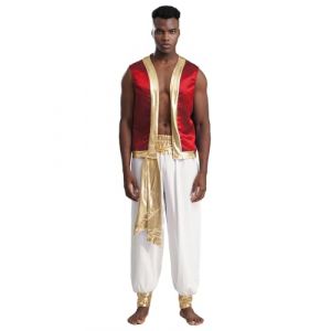 Oyolan Homme Costume Prince Arabe D&eacute;guisement Arabe Roi Pantalon Sarouel et Gilet sans Manches Cosplay Carnaval Halloween F&ecirc;te Tenue C Rouge Blanc M (Oyolan EU, neuf)