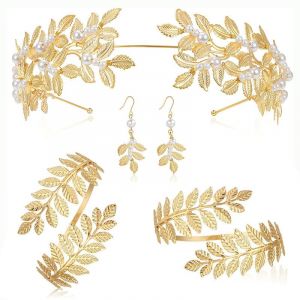MisFun 4 Pièces Déesse Grecque Costume, Couronne Laurier Doré, Bracelet Manchette, Boucles d'Oreilles Perle, Parure Bijoux Femme, Parure de Bijoux Pour Femme en Costume de Déesse Grecque (JIANGX, neuf)