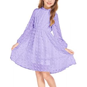 Arshiner Robe Fille 5-13 Ans Robe à Manches Longues en Mousseline de Soie pour Enfants Robe décontractée Robe de soirée Mariage Festif Robe trapèze à col Rond Violet 140 (Arshiner Store, neuf)