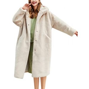 Minetom Veste Femme Long Manteau &agrave; Capuche Doux Hiver Manches Longues Chaud Polaire Peluche Manteaux Blouson Parka Outwear A Beige L (Mon Bon Coup FR, neuf)