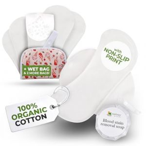 Serviettes hygi&eacute;niques lavables bio avec imprim&eacute; antid&eacute;rapant pour filles et ados (S+M, x6); serviettes menstruelles r&eacute;utilisables en coton, lavables &agrave; haute T&deg;, protection p&eacute;riodique non irritante (Natissy, neuf)