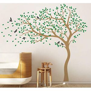 Sticker mural grand arbre vinyle autocollant arbre soufflant dans le vent décalque mural pour chambre d'enfant 98 (Branches à gauche, Marron clair; Vert clair; Gris foncé) (Studio Quee, neuf)