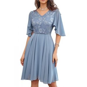 GRACE KARIN Femme Robe de Soirée Col en V à Manches Courtes Cape Robe Patchwork en Dentelle et Mousseline de Soie Robe Trapèze 38 Gris-Bleu (Claroine EU, neuf)