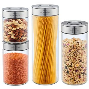 SILBERTHAL Bocaux en Verre Avec Couvercle en Inox - Hermétique - avec Étiquettes - Récipient Vrac Et Zéro Déchet - Pâtes, Cereales, Riz, Farine (premano, neuf)