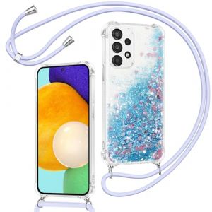 Xiltlly Coque pour Samsung Galaxy A52s 5G/A52 4G/5G avec Cordon, Paillette Liquide Transparent Crystal Glitter Housse, Protection Antichoc Silicone Souple TPU Bumper Case, Réglable Collier, Bleu (WANGZHICHENGEU, neuf)