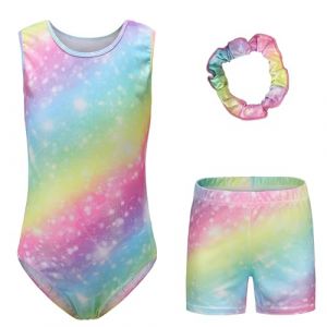 Kiscorpse Justaucorps de Gymnastique pour Filles Trois Pi&egrave;ces Maillots de Gymnastique Gymnastique &agrave; Manches Longues avec Short et Bandeau Ballet Dancewear (Arc-en-ciel-sans manches, 7-8 ans) (ZHENCHI-EU, neuf)