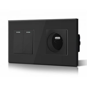 BSEED Interrupteur &agrave; Bascule Interrupteur Verre et 16A AC Prise standard fran&ccedil;ais Vitre en Verre 2 Gang 1 voie Interrupteur Mural Noir (Bseed-EU, neuf)