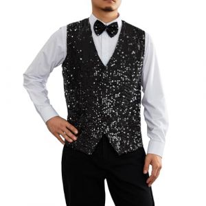 Caziffer Gilet Costume sans Manche Homme &agrave; Sequins Blazer Homme &agrave; Couleur Unie Col en V Gilet Costume Homme Boutonn&eacute; avec N&oelig;ud Papillon (Noir, S) (baixia, neuf)