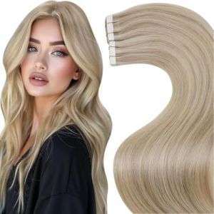 LaaVoo 70cm Extension Cheveux Naturel Adhesive M&eacute;lange Platine et La Blond Clair Highlight 60g 20pcs Extension Cheveux Humain Adhesive Vrais Blanc Dore Lisse #P16/22 (Laavoo, neuf)