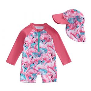 Carolilly Maillot de Bain Une Pi&egrave;ce Enfant B&eacute;b&eacute; Fille Zipp&eacute; &agrave; Manches Longue Anti-UV avec Chapeau (Rouge Flamant, 6-12 Months) (La Vie Brillante, neuf)