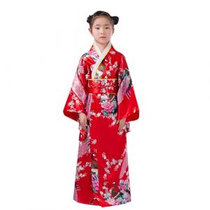 Kimono Japonais Traditionnel pour Fille B&eacute;b&eacute; Enfant Robe avec Obi Set Tenue Cosplay Festival Anniversaire Photographie Costume Asiatique &Eacute;t&eacute; L&eacute;ger &Eacute;l&eacute;gant D&eacute;contract&eacute; Robe Longue (A04-Red, 2-3 Years) (AncientCrab, neuf)