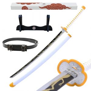 Hashiman - Katana Demon Réplique Manga Sabre + Support Epée Bois + Ceinture - Catana Japonais Cosplay Décoration Jouet Enfant Adulte - Jeu Déguisement Deco Ninja (Zenitsu Agatsuma) (Hashiman, neuf)