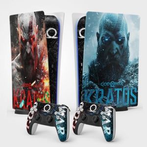Sticker pour la PS5 Kratos, Autocollant Skin pour la PS5 Gaming, Console et Manette, Edition Standard Digital, Skin Kratos (2 Manettes) (Hellocom34, neuf)
