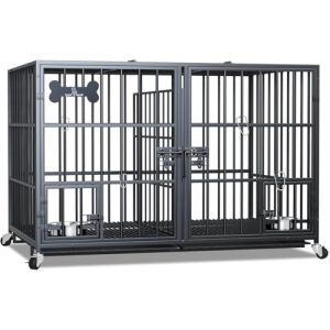 Cage pour chien avec plateau de sol, cage pour chien avec cloison de s&eacute;paration, caisse grillag&eacute;e avec 2 portes et plateau, caisse double 2 en 1 pour chiens de grande et moyenne taille, 120 x 73 x 68 (Huhote, neuf)