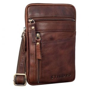 STILORD 'Brooks' Pochette Poitrine Cuir Vintage Sac de Ceinture pour Téléphone Porté a l'Épaule Petit Sacoche Croisé Crossbody Bag Cuir Véritable, Couleur:Porto - Cognac (STILORD Cuir, neuf)