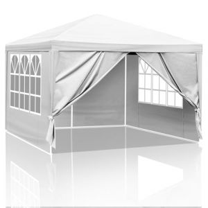 Bonnlo Tonnelle de Jardin 3x3m avec 4 Parois Latérales imperméable Protection Anti-UV Tente de Réception en Toile PE Tubes Spiralés en Fer Barnum Blanc pour Camping Mariage Parking Fête (Yondox, neuf)