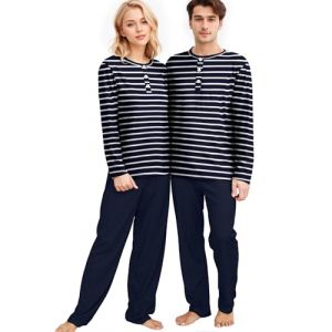 Amissz Pyjama assorti pour couple, pyjama pour couple, pyjama &agrave; carreaux, long pyjama de No&euml;l pour homme et femme, ensemble deux pi&egrave;ces, pantalon de pyjama, v&ecirc;tements de nuit, Bleu marine - Homme, M (ZHANG-EU, neuf)