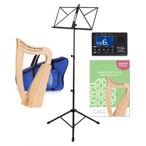 Classic Cantabile H-12 Set Harpe Celtique - Harpe Celtique compacte en fr&ecirc;ne - 12 cordes - Accord&eacute;e en Do majeur - incl. housse, &eacute;cole, pupitre et Metro-Tuner & 2 cl&eacute;s d&rsquo;accord - Hauteur : 51 cm (Maison de la musique Kirstein, neuf)