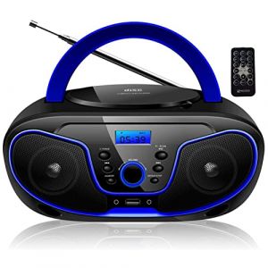 Lecteur CD/CD-R portable - Boombox - USB - Radio FM - Entrée AUX - Prise casque enfant - Chaîne stéréo - Système compact (Dark Blue) (Enstore France, neuf)